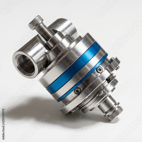 Metal industrial valve with blue stripe and threaded connections for pipes and tubes.