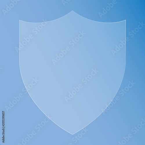 Glass effect light blue shield icon on a gradient blue background, symbolizing protection and security morphism