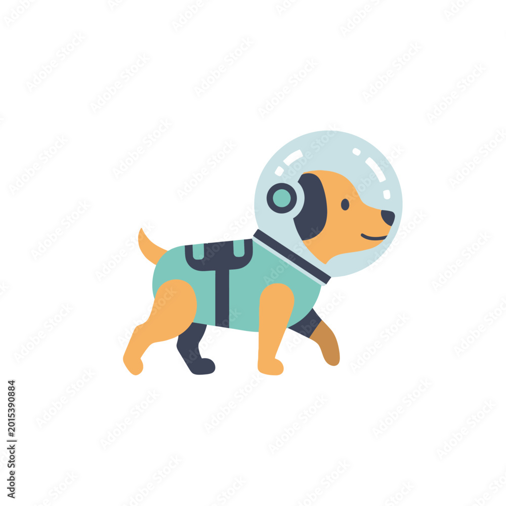 Fototapeta premium Cute dog astronaut in flat vector style, wearing a space suit, exploring outer space. Whimsical, playful, and cosmic theme for kids and science enthusiasts.