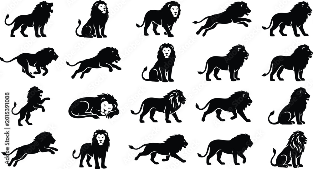 Obraz premium A collection of black lion silhouettes shown in various poses isolated on a white background.