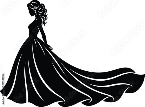 Konstfotografi Silhouette of a woman in a long flowing ball gown dress standing isolated on a plain white background