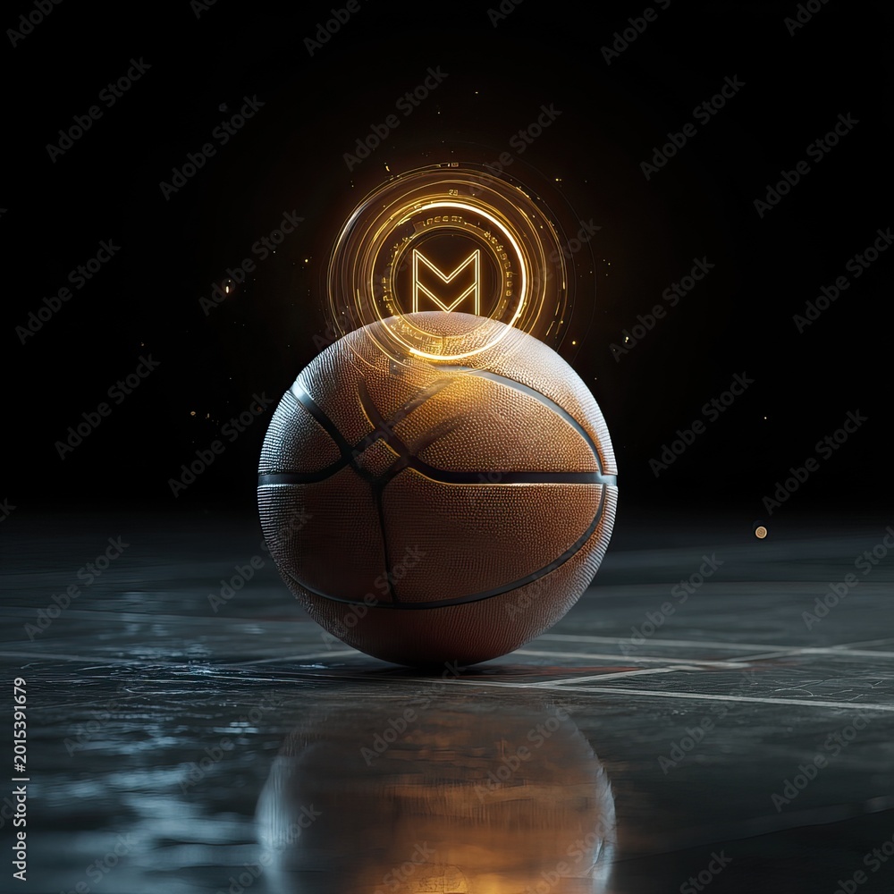 Fototapeta premium Glossy Basketball with Glowing Blue NFT Hologram Ring Floating on a Digital Platform. AI generated image