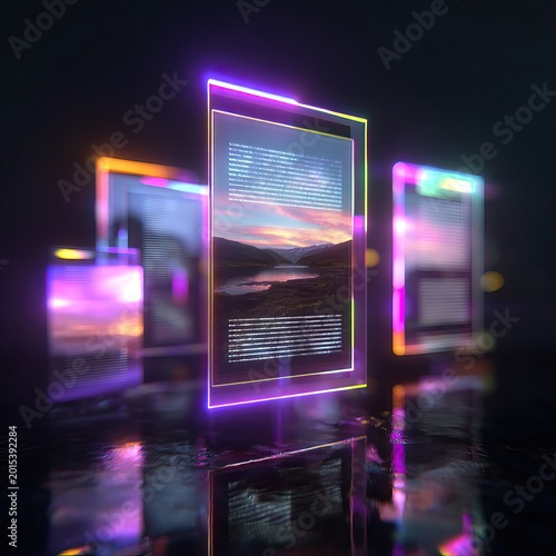 Floating Holographic Digital Document Panels with Purple and Cyan Glow on Reflective Surface. AI generated image