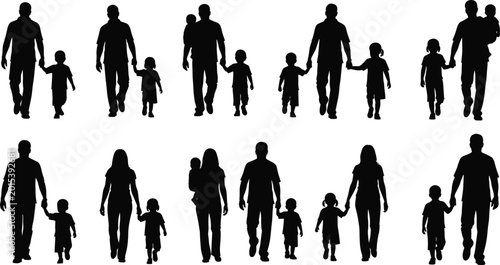 Fotografi Black Silhouettes of Parents Walking with Children Holding Hands, Father Mother