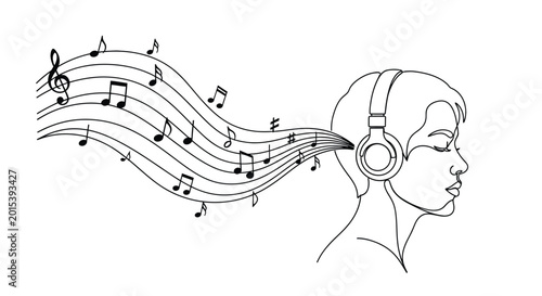 Foto Music listener with headphones and flowing musical notes abstract concept