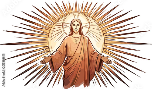 Tableau sur toile Jesus Christ with Open Arms, Sacred Halo and Sun Rays — Detailed Brown Tone Reli