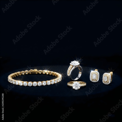 Sparkling Jewelry Collection: A stunning ensemble of radiant jewelry pieces, including a bracelet, rings, and earrings, exquisitely arranged to showcase their elegance and brilliance.