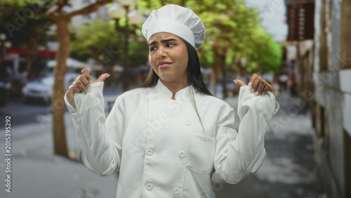 Bild auf Leinwand Woman chef in white coat with thumbs pointing to self on a street, wearing chef hat and grimace; skepticism