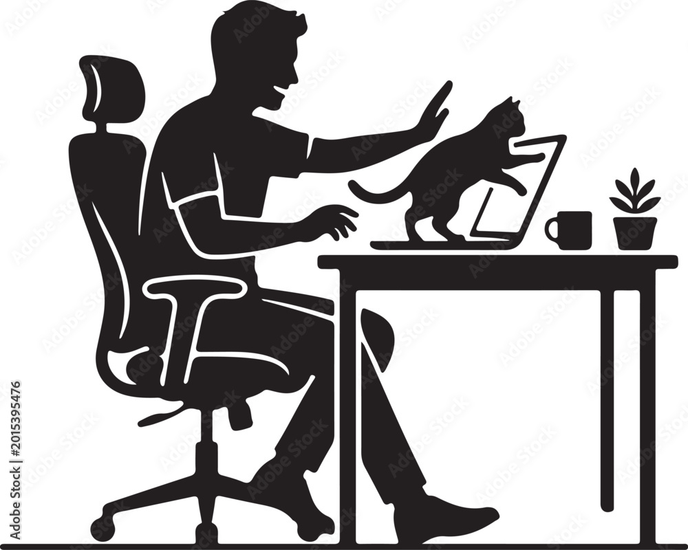 Fototapeta premium vector of a person playfully pushing a cat away from their laptop keyboard on a desk