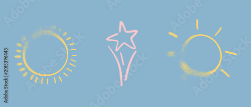 Minimal vector sun icon in spray paint style with grainy texture. Hand drawn summer symbol for weather, vacation, travel branding, seasonal posters and modern graphic design.