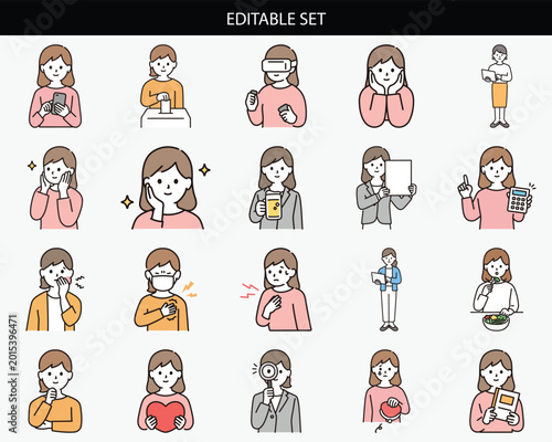 Editable vector woman emoticons, facial expressions, reactions, emotions, icons set
