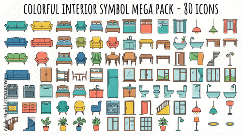 Interior Icons: A colorful assortment of interior design icons showcasing furniture and decor elements. It is versatile, adaptable, and conveys a clean, minimalist aesthetic