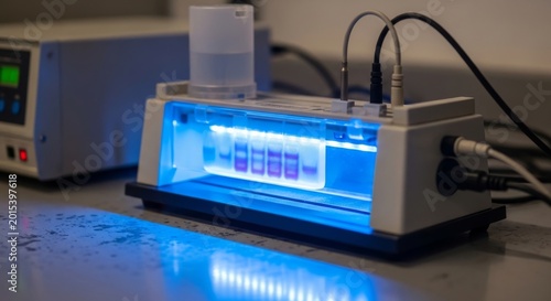Gel electrophoresis apparatus with glowing blue buffer solution