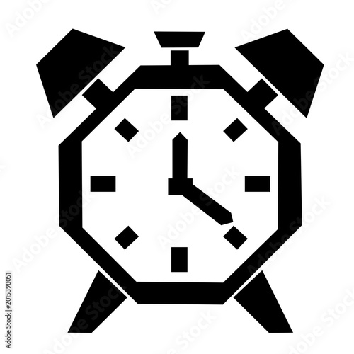 Minimal black and white geometric alarm clock icon in angular papercut style, isolated on dark background, suitable for time, deadline, schedule, retro design and symbolic visual projects.