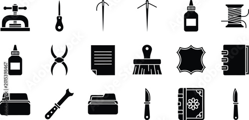 Картината върху платно Set of black leather craft tools icons including needles glue and bookbinding su