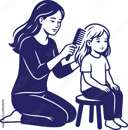Bilde på lerret Woman combing little girl's hair.