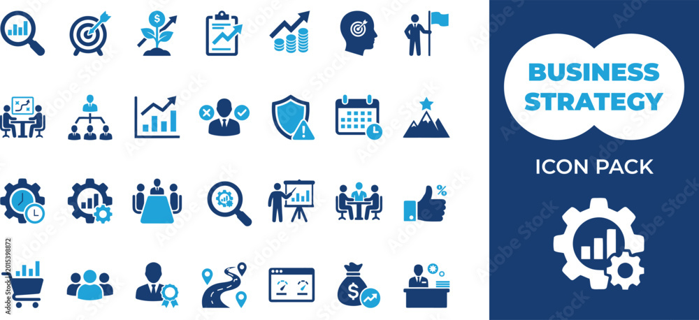 Fototapeta premium Collection of professional business strategy icons featuring various management and corporate growth symbols for modern presentation