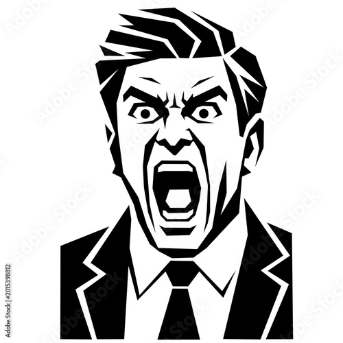 Obraz na płótnie Minimal black and white geometric portrait of a screaming man with strong emotional expression, open mouth and intense face, created in angular papercut style