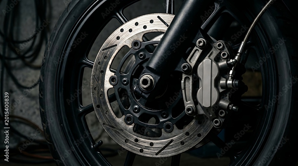 Fototapeta premium Close-up of a motorcycle's front wheel brake disc and caliper assembly
