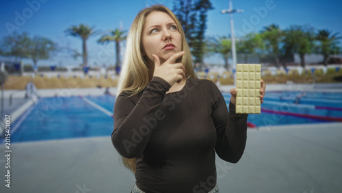 Tableau sur toile Blonde woman holding large white chocolate bar with hand on chin by pool in studio; thinking curiosity doubt