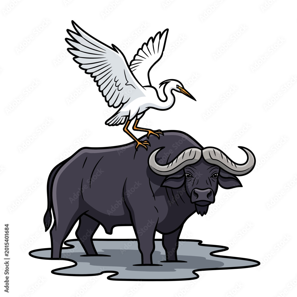 Fototapeta premium Cartoon African Buffalo with Egret, Wildlife Illustration, Safari Animal