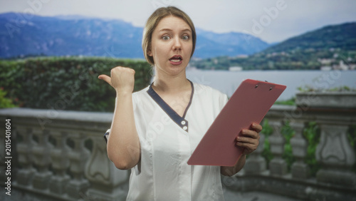Billede på lærred Woman holding pink clipboard points thumb behind and speaks on a building terrace by a lake with mountains in view; surprise instruction