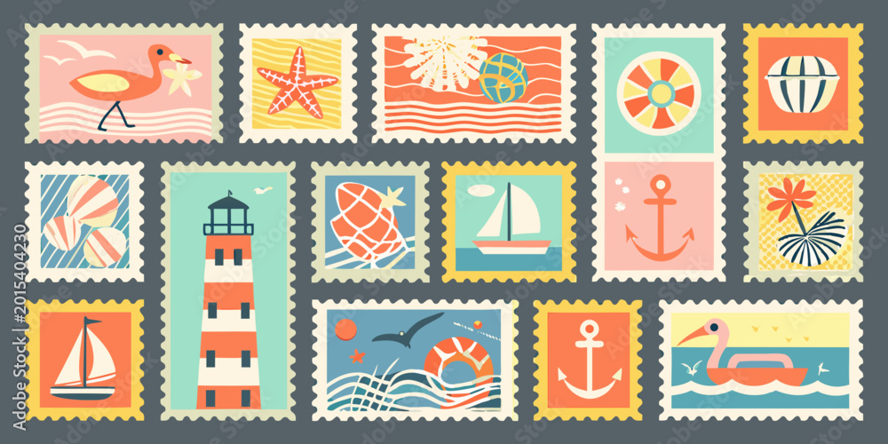 Fototapeta premium retro style postage stamps featuring beach and nautical themes