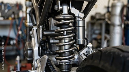 Close-up of a robust motorcycle's rear suspension system with a prominent coil spring and shock absorber in a mechanical workshop setting, emphasizing precision engineering and vehicle maintenance