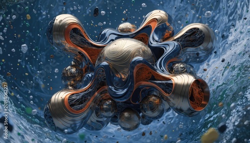 Abstract metallic sphere sculpture, blue liquid waves, floating small particles.