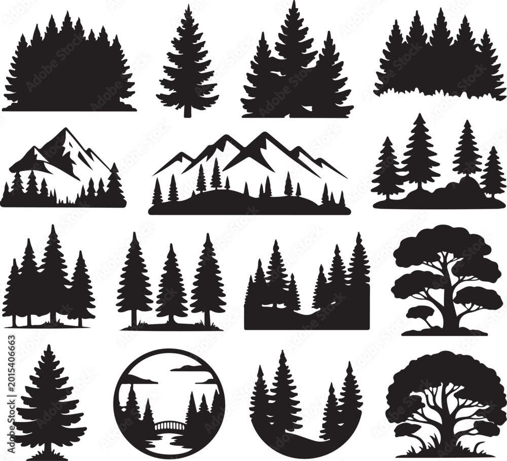 Fototapeta premium Set of pine forest silhouettes mountains and trees isolated on transparent background black outdoor landscape camping logo.