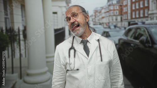 Photography Man doctor with hoary long hair and glasses wearing white coat and stethoscope sticks tongue out on a city street lined with cars; playful mischief