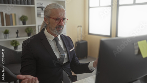 Bild auf Leinwand Hoary man in suit typing on computer in office building, leaning forward toward monitor, frowning and gesturing with one hand; frustration