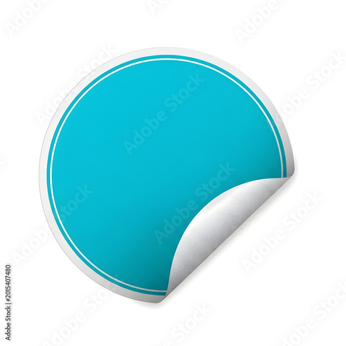 Turquoise round sticker with peeled corner and white border, blank label, empty space for text, graphic design element, isolated on white background.
