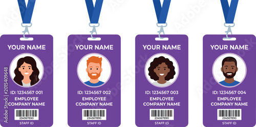 Employee Identification Card Collection with Staff ID Badge Templates, Corporate Lanyards, and Professional Company Identity Card Illustration Designs