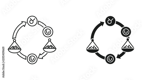 Tableau sur toile A black and white illustration of a circular process involving scales and symbol