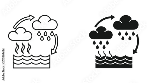 Vászonkép The water cycle process with evaporation and precipitation in two styles, line a