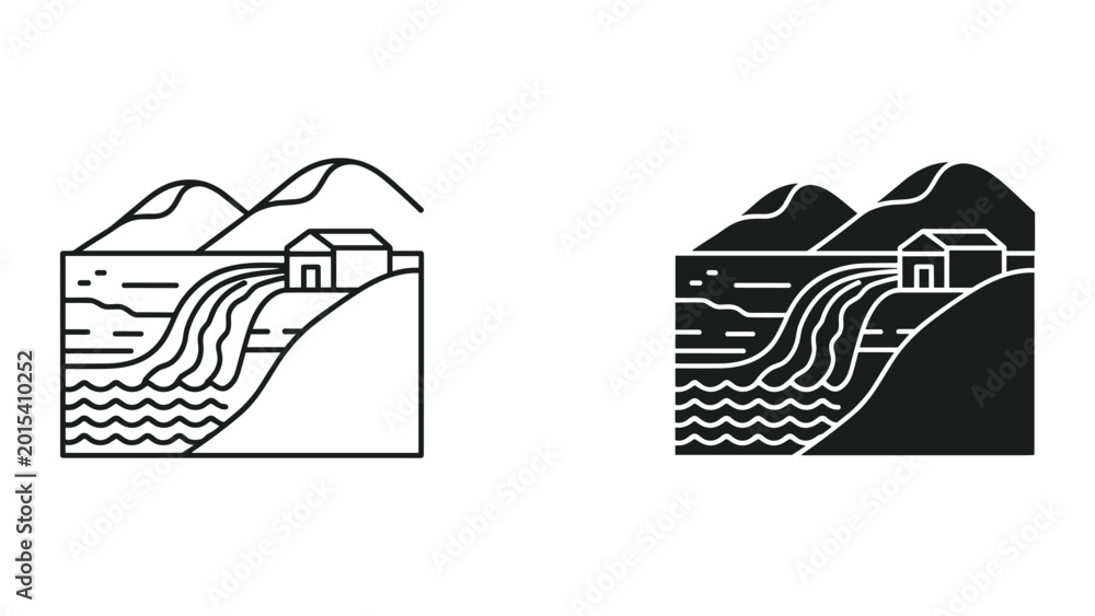 Fototapeta premium Vector illustration of a house on a hill with a mountain range in the background in black and white