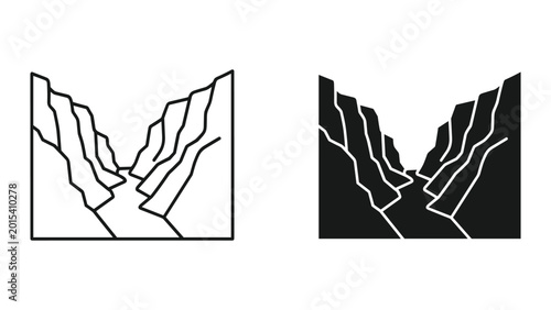 Obraz na plátně Vector illustration of a deep canyon or gorge in black and white line art on whi