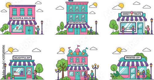Fotografía Colorful Ice Cream Shop Collection with Cute Dessert Storefront Buildings, Sweet