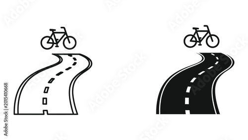 Foto Black and white illustration of two bicycle roads with bikes on top for cycling