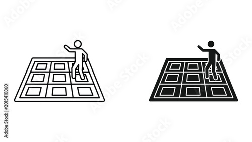 Bild auf Leinwand A black and white illustration of a person standing on a hopscotch court with a