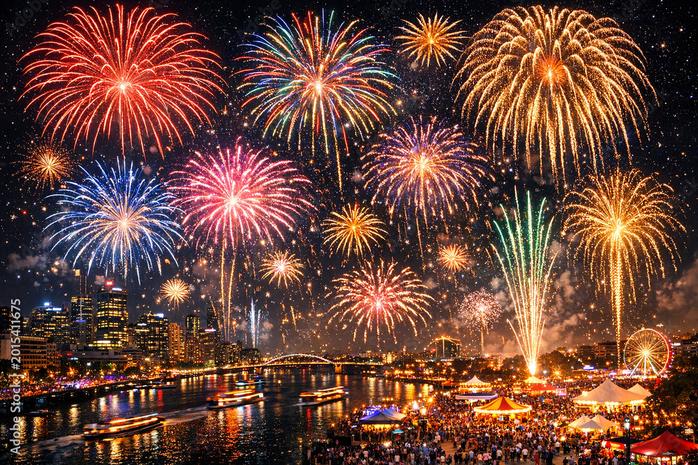 Fototapeta premium A vibrant night sky filled with colorful fireworks exploding above a body of water.