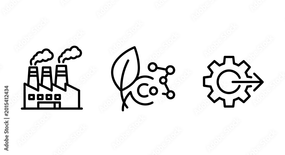 Fototapeta premium Industrial production and environmental impact icon set showing factory emissions carbon dioxide reduction mechanical process efficiency climate change line art climate action industry