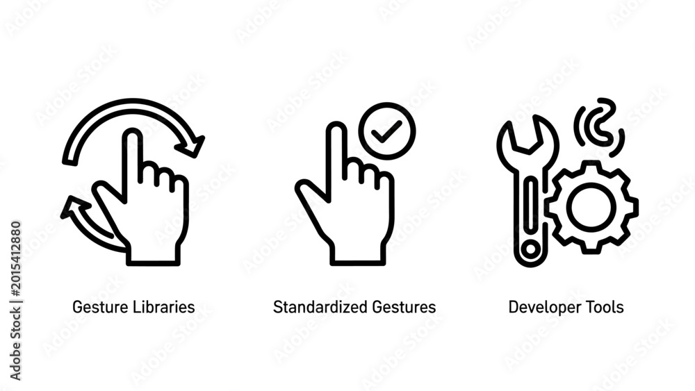 Obraz premium Mobile interface gesture and engineering tool icons for developers featuring touch controls and maintenance settings line art standardized developer settings configuration interface experience