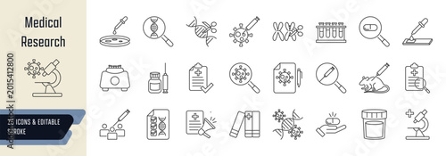Medical research line icons collection, 25 editable stroke symbols depicting lab equipment, genetics and biotech, and clinical research 