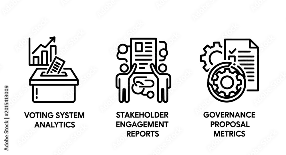Naklejka premium Corporate governance and reporting icons illustrating voting system analytics stakeholder engagement reports with people governance proposal metrics with gears and documents analytics proposal