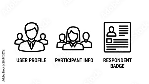 User account and participant identity icon set for personal profiles and respondent identification badges with participant identity respondent information personal registration character