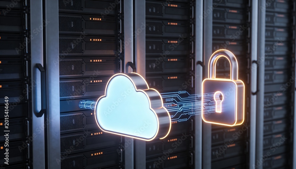 Glowing cloud storage object and secured server rack connected by floating encrypted data streams, luminous padlock binding both, minimalist clean 3D render, dark futuristic backdrop, vivid color sche