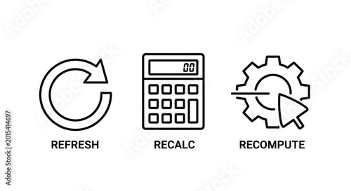Refresh recalculate recompute icons set for data processing and system actions with recalculate recompute function calculator settings computing calculation software application interface