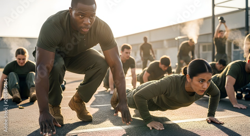 Diverse group of soldiers exercising with push-ups in training camp  